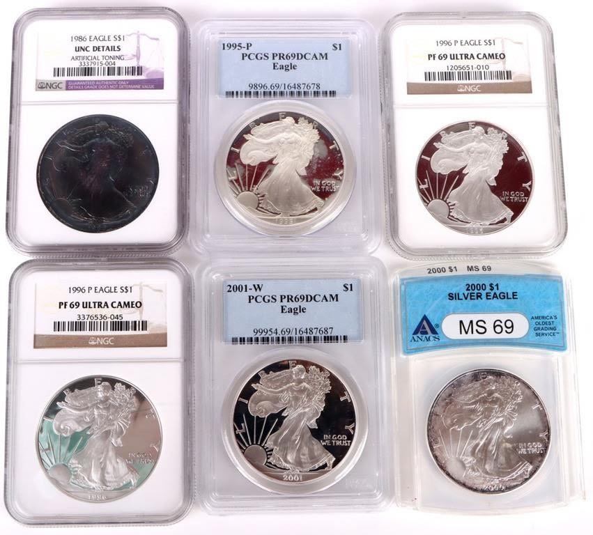 Lot 158237: FINE SILVER AMERICAN EAGLE $1 COINS (6)