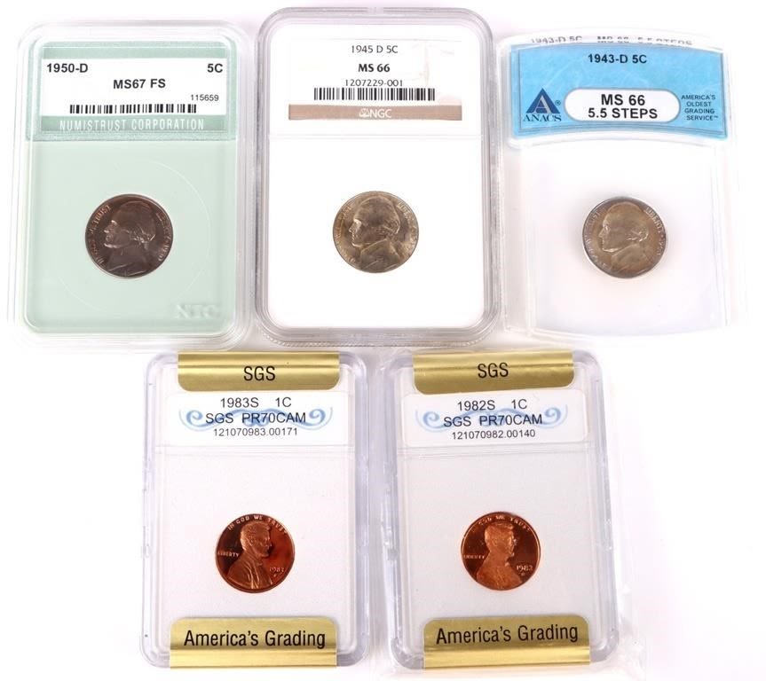 Lot 158251: GRADED LINCOLN CENTS & JEFFERSON NICKELS (5)