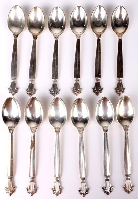 Lot 158266: GEORG JENSEN ANTIQUE STERLING DEMITASSE SPOONS 12
