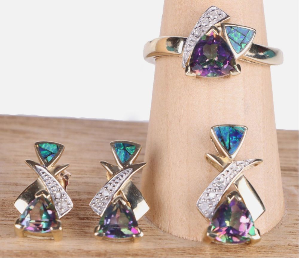 Lot 160153: 10K GOLD DIAMOND, OPAL, MYSTIC TOPAZ MATCHING SET