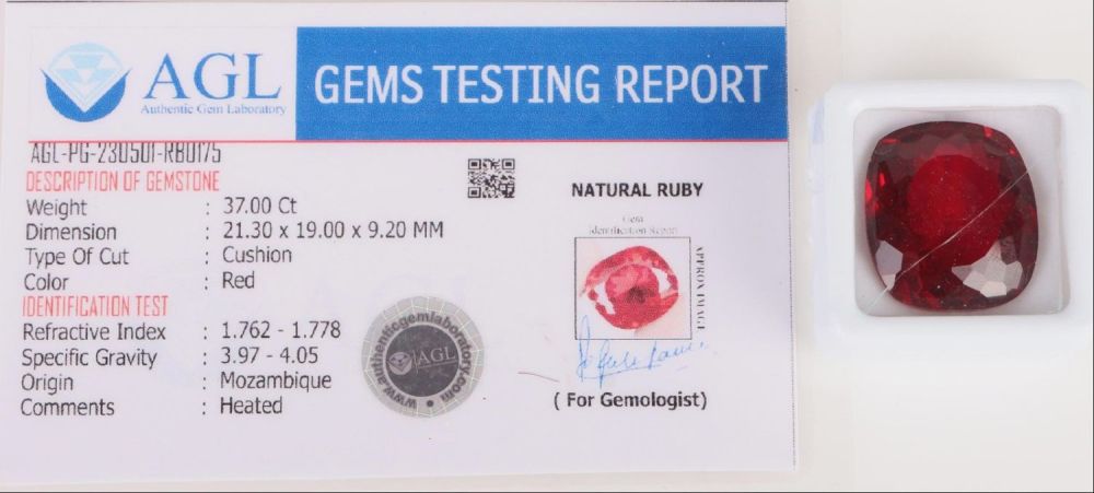 Lot 160159: 37.05CT GENUINE LOOSE RED RUBY W/ CERT.