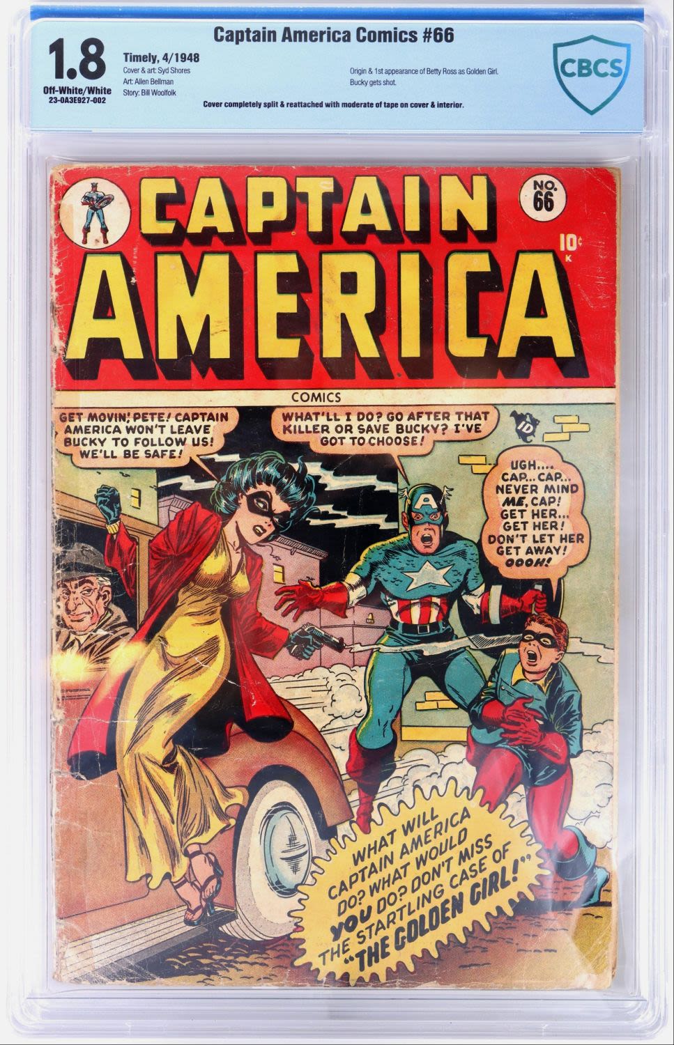 Lot 160172B: CAPTAIN AMERICA COMIC #66 CGC 1.8- 1ST GOLDEN GIRL