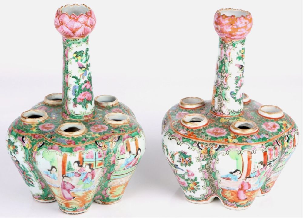 Lot 160240: CHINESE FAMILLE ROSE BUD VASE PAIR HANDPAINTED