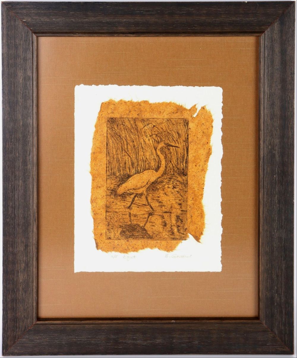 Lot 160244: S. GOVATO EGRET WOOD BLOCK PRINT FRAMED 5/5