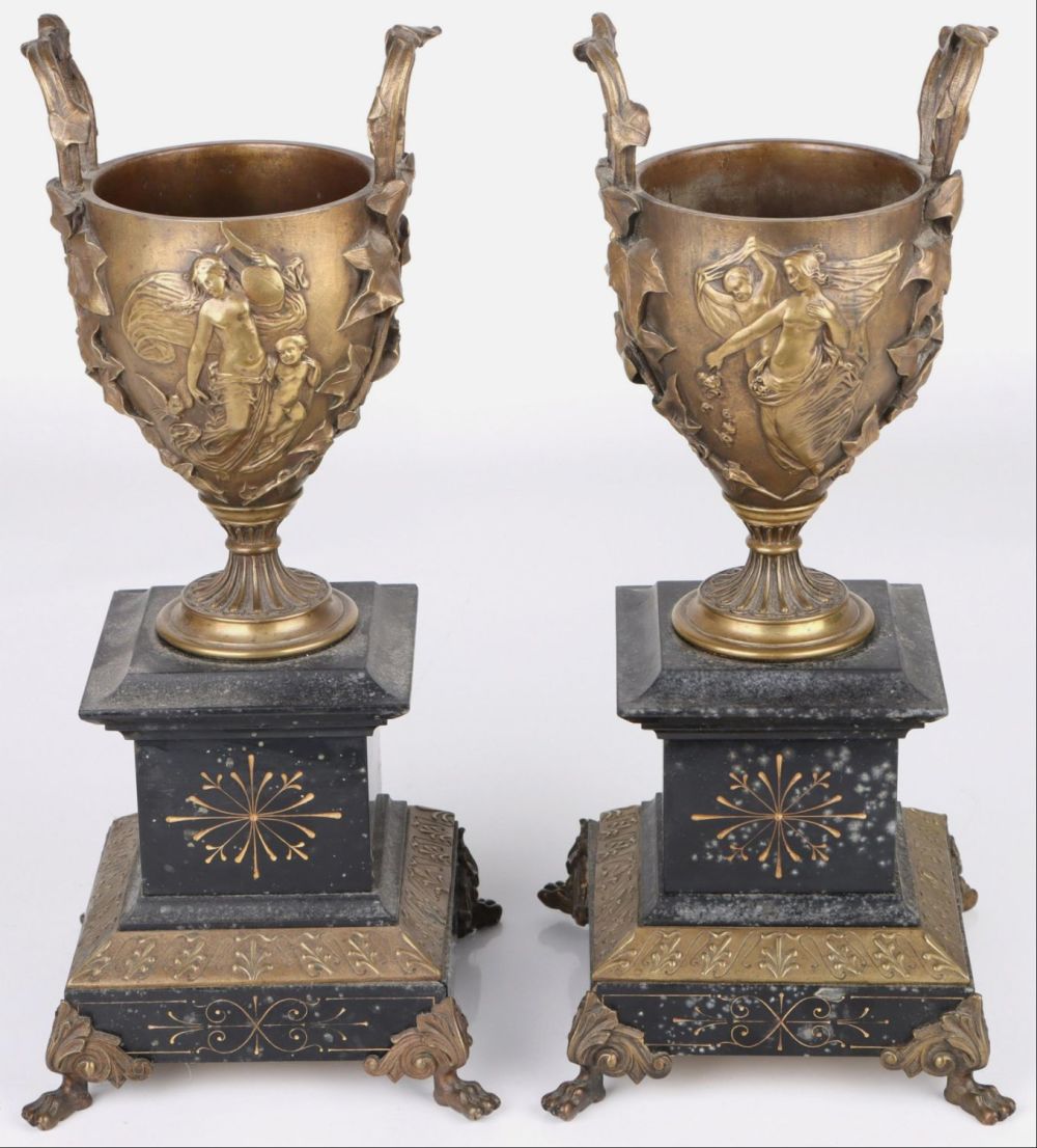 Lot 160269: ANTIQUE BRONZE MANTEL PIECES W/ BLACK STONE - 2