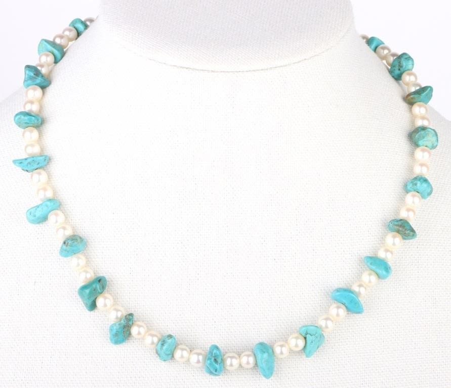 Lot 161043A: 14K WHITE GOLD CLASPED TURQUOISE PEARL NECKLACE