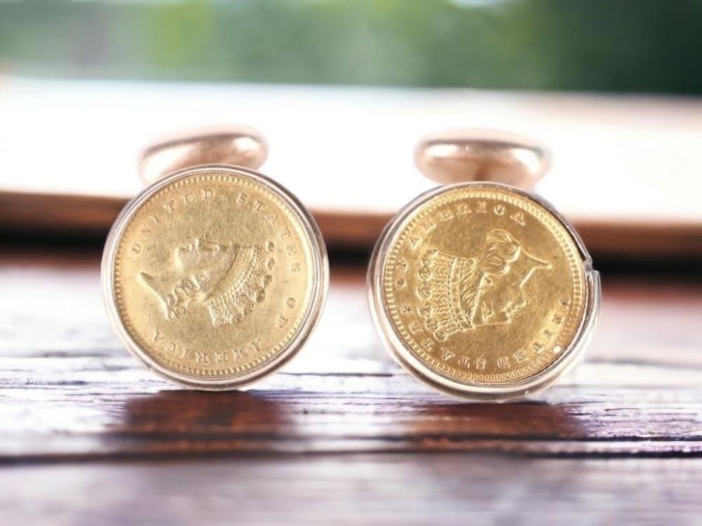 Lot 166164: 90% GOLD 1854 & 1862 $1 COINS 21K GOLD CUFFLINKS