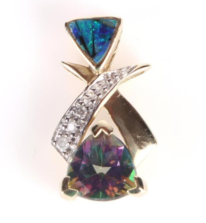 Lot 166166: DIAMOND, OPAL, MYSTIC TOPAZ 10K GOLD PENDANT
