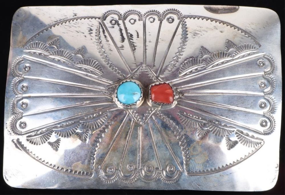 Lot 166206: STERLING TURQUOISE & CORAL ADORNED BELT BUCKLE