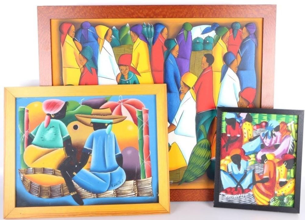 Lot 166229: SIGNED ORIGINAL HAITIAN MARKET OIL PAINTINGS - (3)