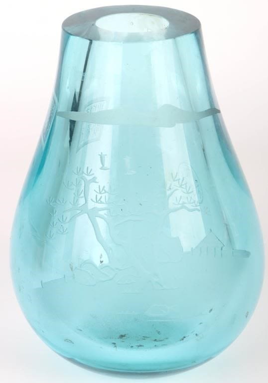 Lot 166234: SIGNED THICK AQUA BLUE GLASS ETCHED ASIAN VASE