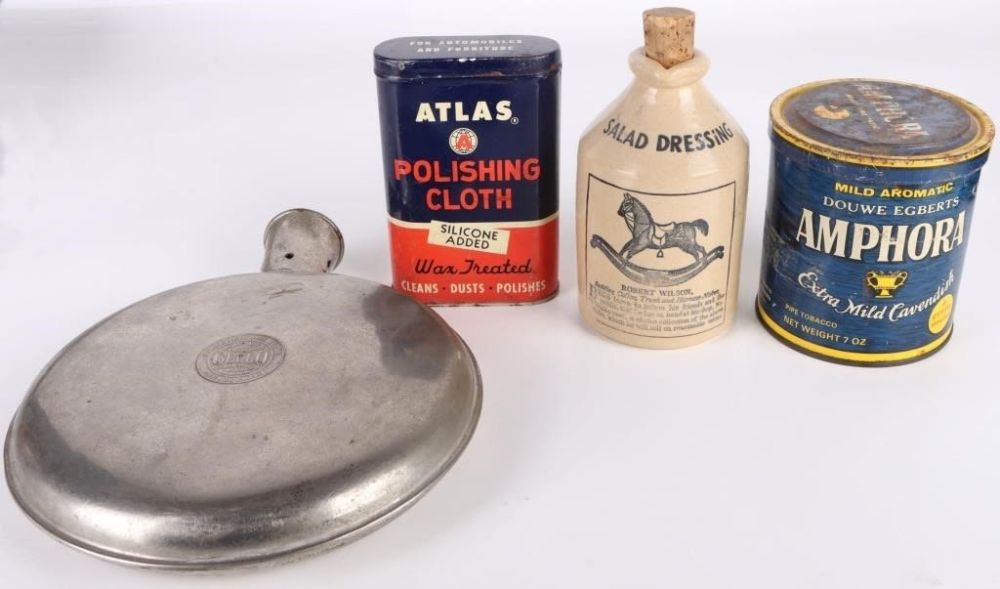 Lot 166306: VINTAGE HOUSEHOLD TINS, JARS, WATTER BOTTLE - (4)
