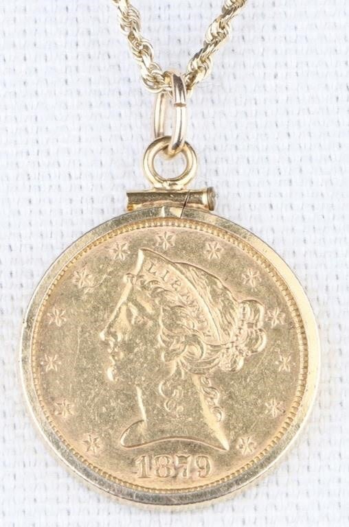 Lot 166318: 1879 $5 LIBERTY HEAD COIN PENDANT W/ 14K GLD CHAIN