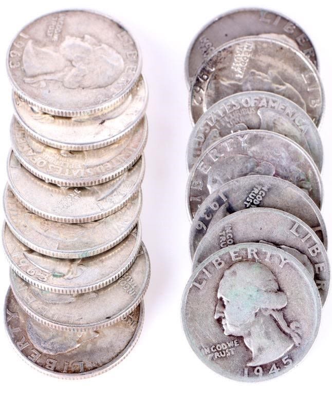 Lot 166327: 90% SILVER WASHINGTON QUARTERS - LOT OF 15