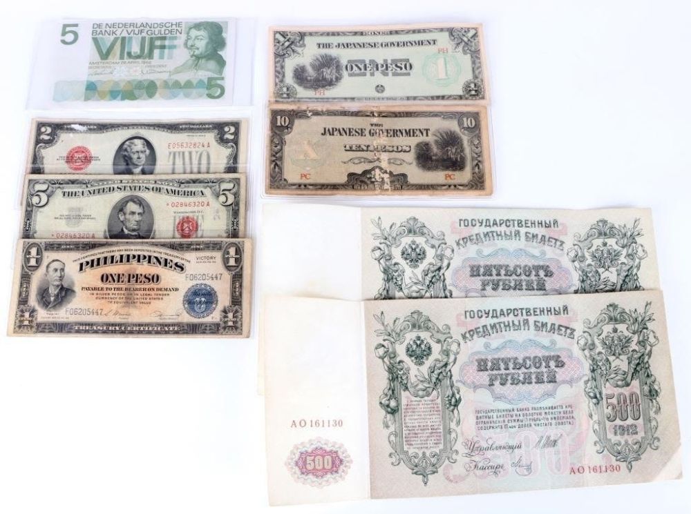 Lot 166340: US $5 & $2 RED SEAL NOTES & FOREIGN NOTES - (8)