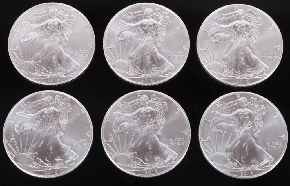 Lot 168298: FINE SILVER 2009 TYPE 1 EAGLES 1OZT -  LOT OF 6