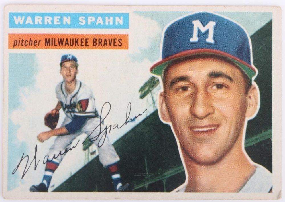 Lot 168131b: WARREN SPAHN HOF #10 1956 TOPPS BASEBALL CARD