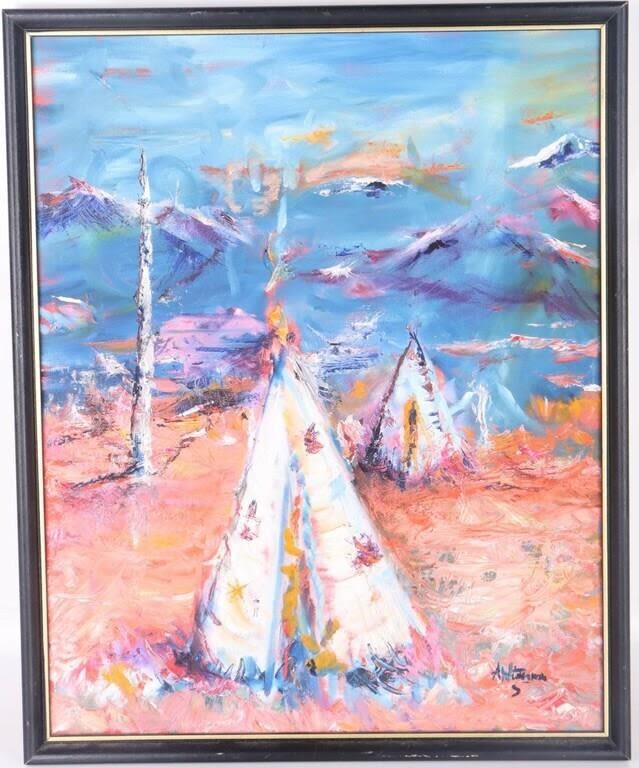 Lot 169204: SIGNED ORIGINAL COLORFUL TEEPEE OIL PAINTING