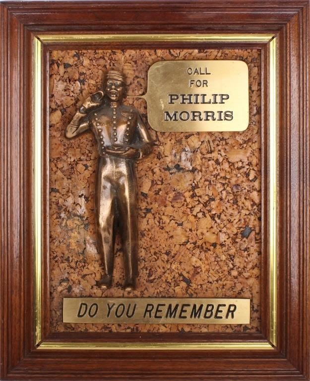 Lot 169210: CALL FOR PHILLIP MORRIS WOOD FRAMED BRASS PLAQUE
