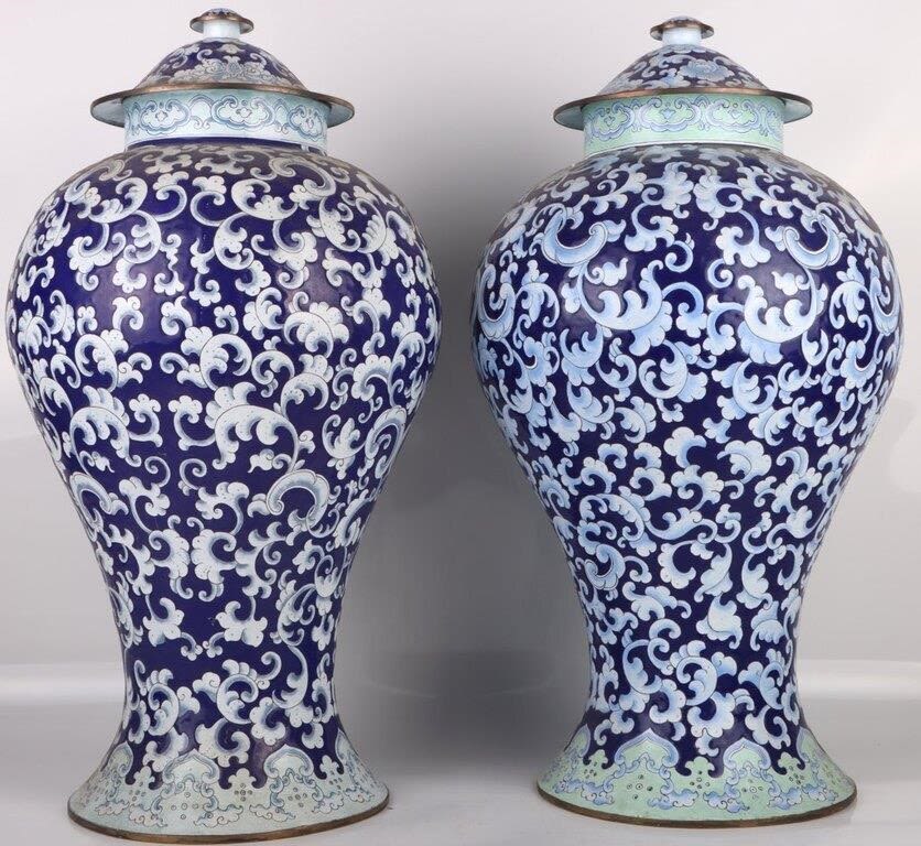 Lot 172241: CHINESE CLOISONNE LARGE BLUE SWRIL VASE PAIR