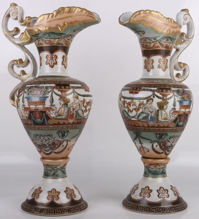 Lot 172259: ITALIAN STYLE PORCELAIN ORNATE PITCHER VASE PAIR