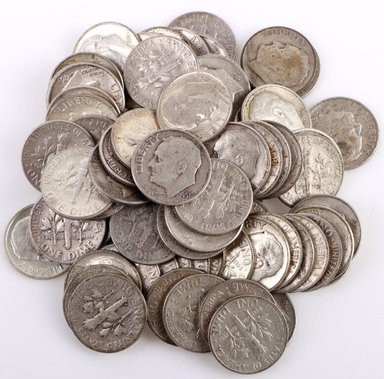Lot 172261: 90% SILVER ROOSEVELT DIMES - 77 QTY