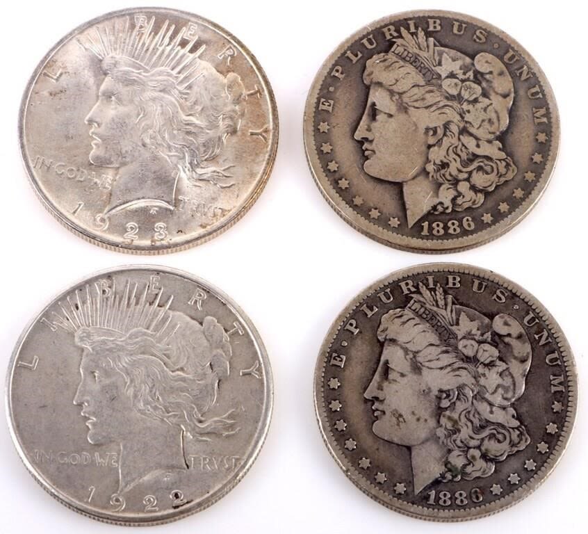 Lot 172263: 1923 & 1922 SILVER PEACE DOLLARS & 1886 MORGANS(2)