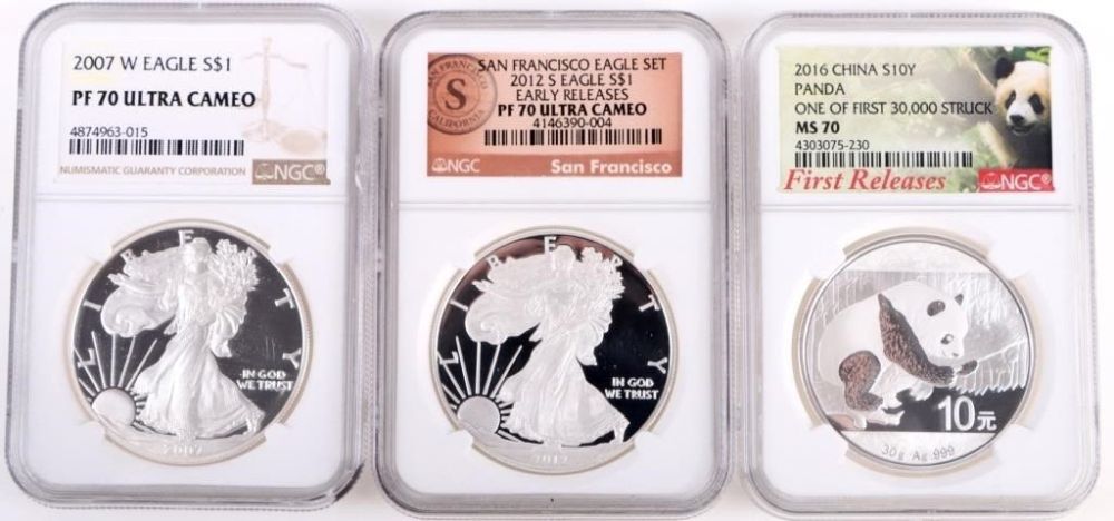 Lot 172273: 0.999 SILVER NGC CERTIFIED PF/MS 70 COIN SET -(3)