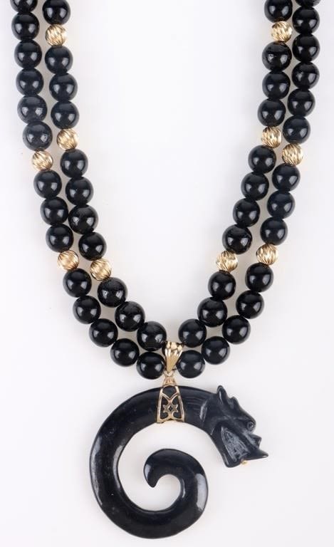 Lot 173182: 14K YELLOW GOLD & ONYX BEADED DRAGON NECKLACE
