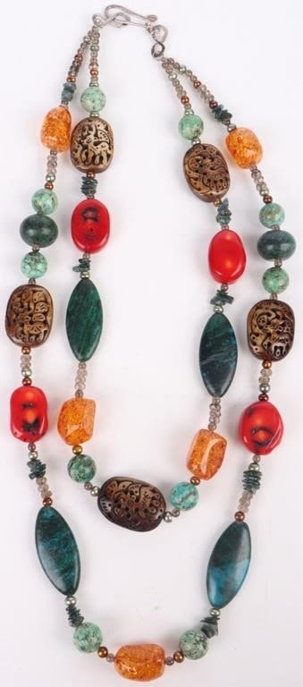 Lot 173197: AMBER, CORAL, WOODEN NETSUKE BEADED NECKLACE