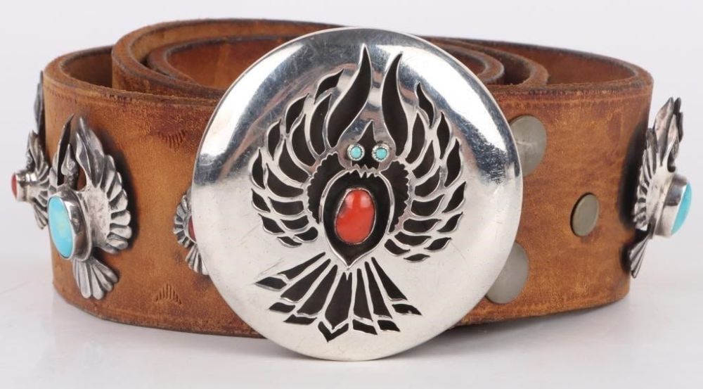 Lot 173203: ORIGINAL STERLING NAVAJO TURQUOISE LEATHER BELT