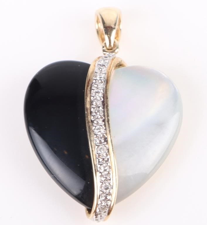 Lot 173209: 14K YELLOW GOLD MOP, ONYX, DIAMOND HEART PENDANT