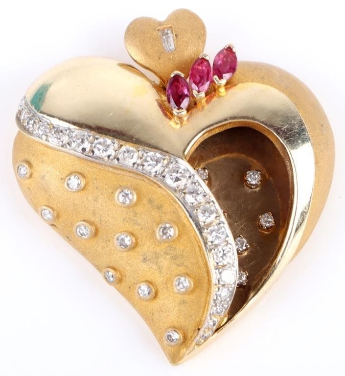 Lot 173210: 14K YELLOW GOLD DIAMOND RUBY LADIES HEART PENDANT
