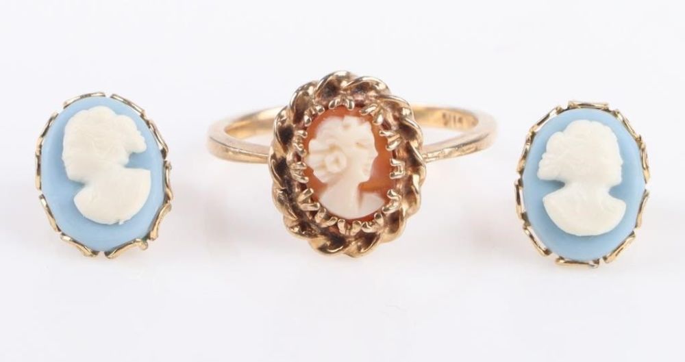 Lot 173219: 10K YELLOW GOLD CAMEO RING & PLATED CAMEO EARRINGS