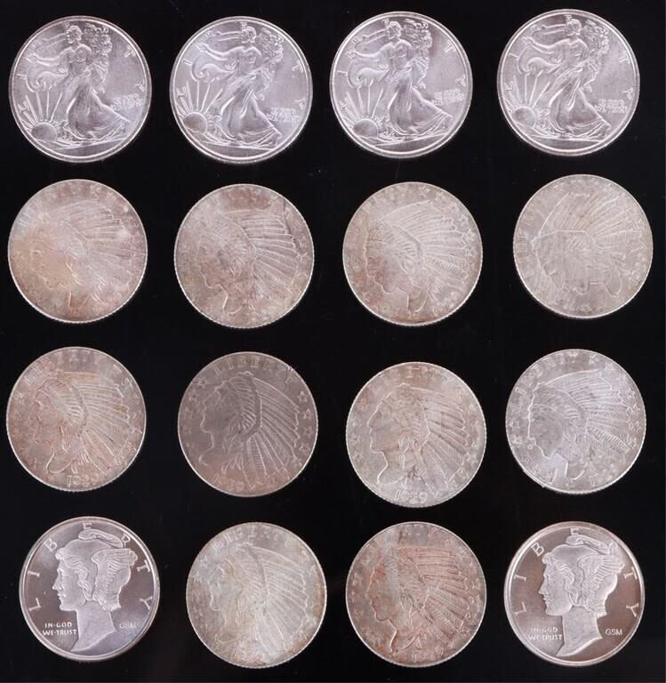 Lot 173302: .999 PURE SILVER 1/10 TOZ. COINS - LOT OF 16
