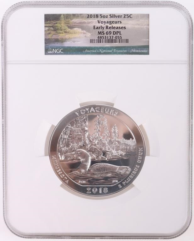 Lot 173306: 0.999 SILVER 5OZ 2018 VOYAGEURS MS-69 BULLION