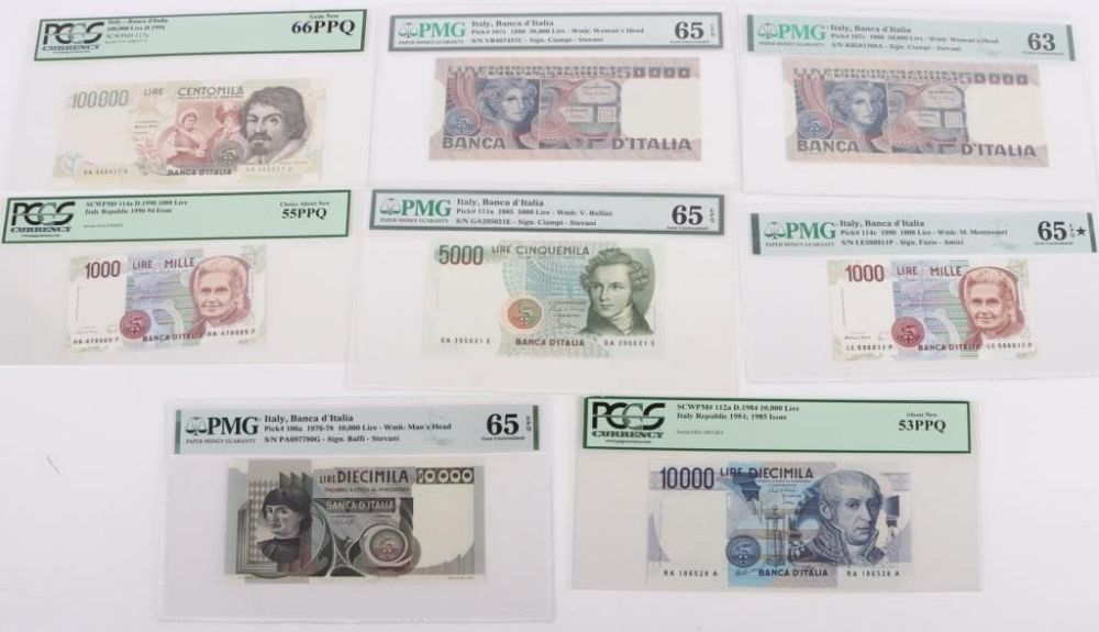 Lot 173308: ITALY GRADED LIRE ISSED BANKNOTES - LOT OF 8