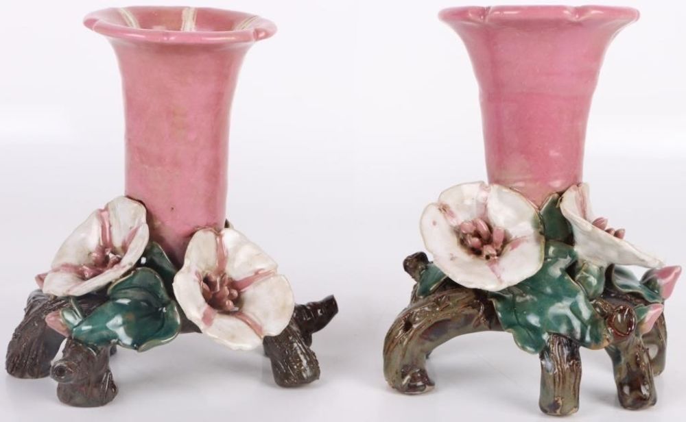 Lot 173325: GLAZED PORCALIN FLORAL CANDLE HOLDERS - LOT OF 2