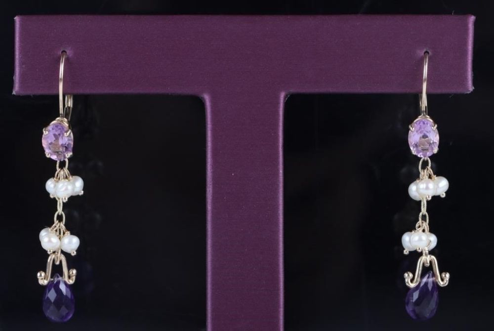 Lot 174211: 14K YELLOW GOLD AMETHYST PEARL DANGLE EARRINGS