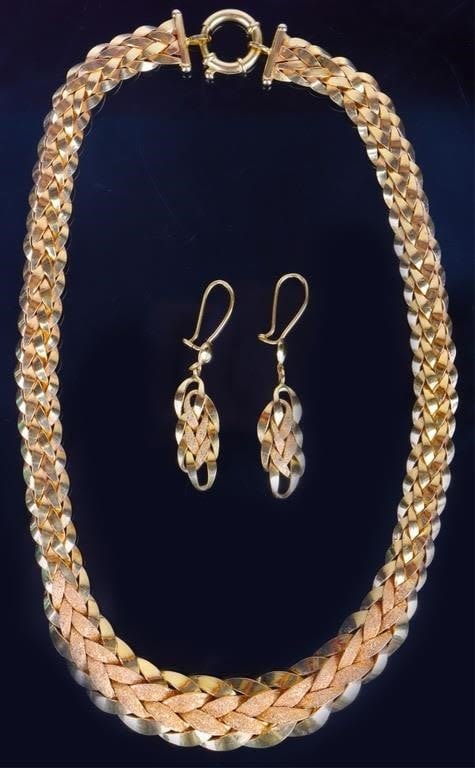 Lot 174227: 22K GOLD MATCHING BRAIDED NECKLACE & EARRINGS