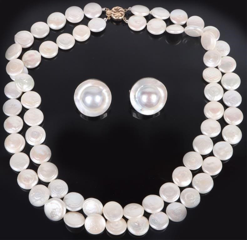 Lot 174230: 18K GOLD CLASP PEARL NECKLACE & BAROQUE EARRINGS