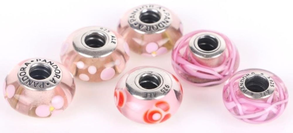 Lot 174247: RETIRED PINK PANDORA MURANO GLASS CHARMS (6)