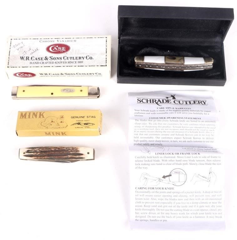 Lot 174347: VINTAGE SCHRADE, MINK & CASE XX COLLECTIBLE KNIVES