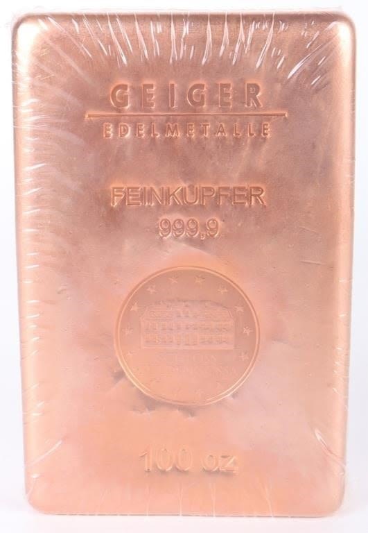 Lot 174358: GEIGER 100 OZ SEALED NUMBERED 99.9 FINE COPPER BAR