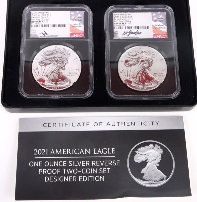 Lot 174377: 2021 SILVER EAGLE T1-T2 FDOI SIGNED REVERSE PROOFS