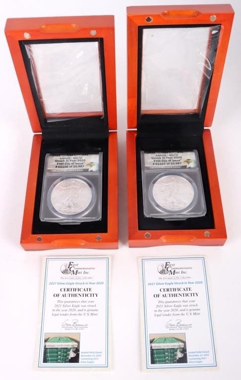 Lot 174380: 2021 SILVER EAGLE T1 ANACS MS70 FDOI STRUCK 2020