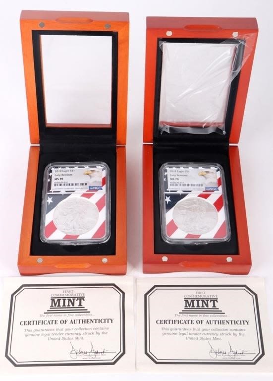 Lot 174381: 2018 FINE SILVER EAGLE MS70 EARLY RELEASES COINS
