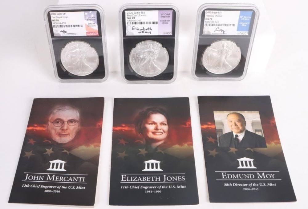 Lot 174382: 2020 SILVER EAGLE NGC PF70 FDOI CHIEF ENGRAVER SET