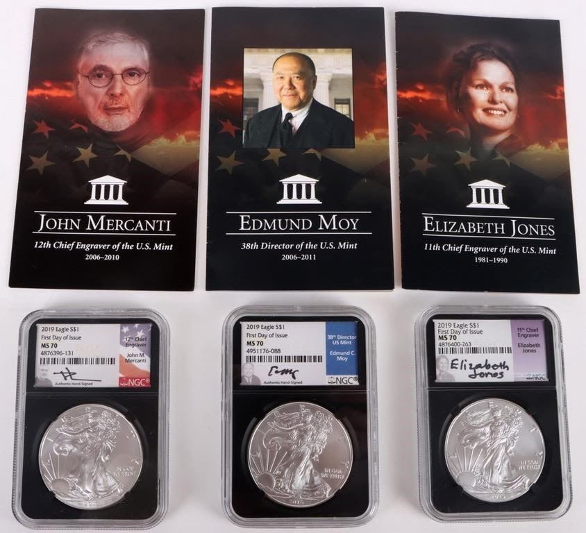 Lot 174383: 2020 SILVER EAGLE NGC PF70 FDOI CHIEF ENGRAVER SET