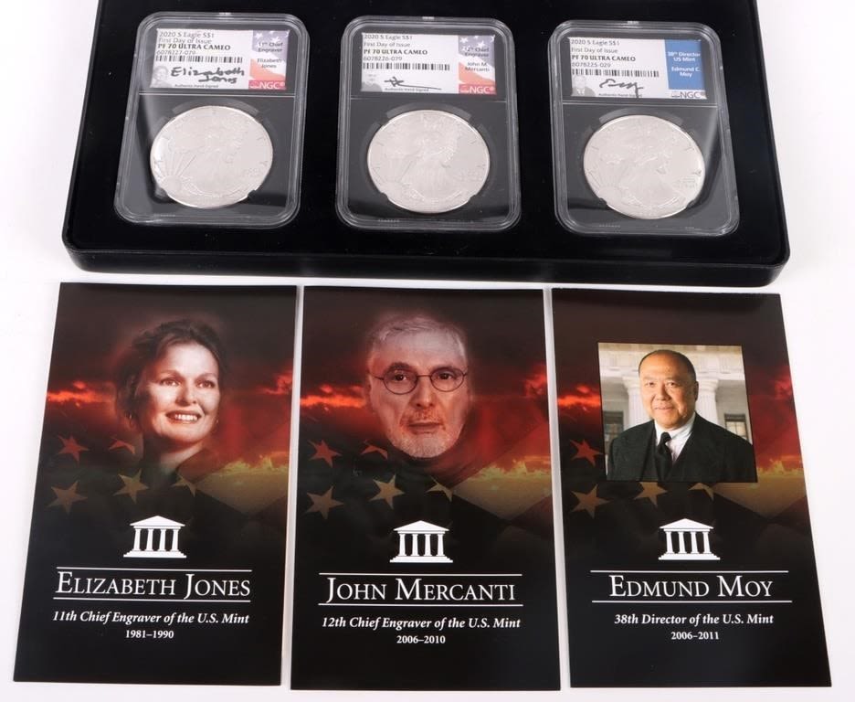 Lot 174386: 2020 SILVER EAGLE NGC PF70 FDOI CHIEF ENGRAVER SET